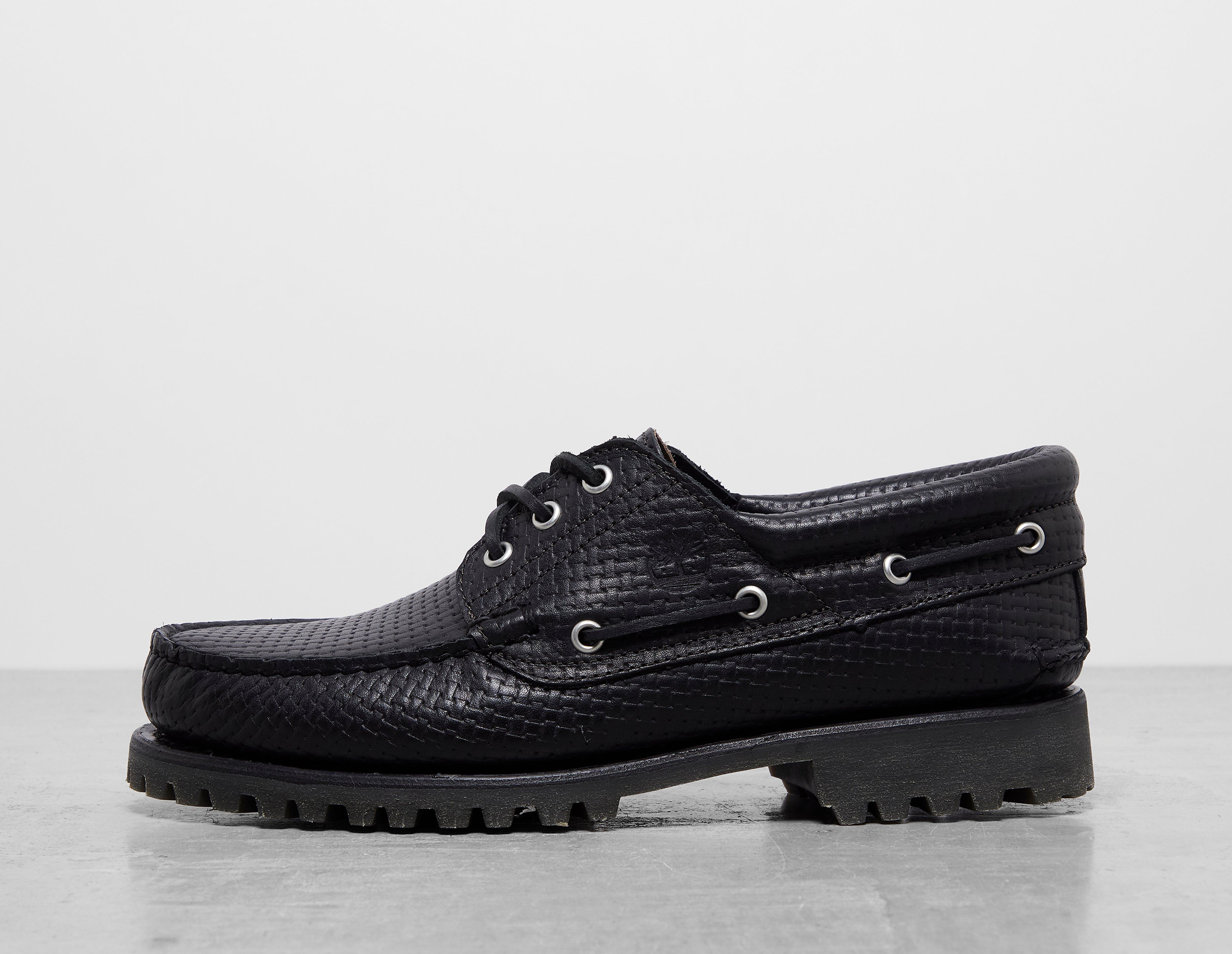 Timberland Men's  Authentic 3-Eye Lug Handsewn Boat Shoe Black in Size 3, FootPatrol