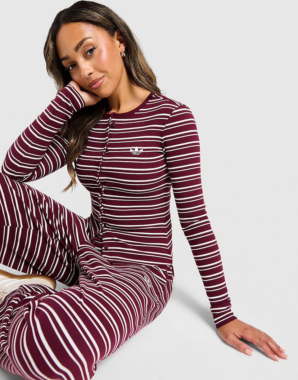 Striped Ribbed Button Long Sleeve Top