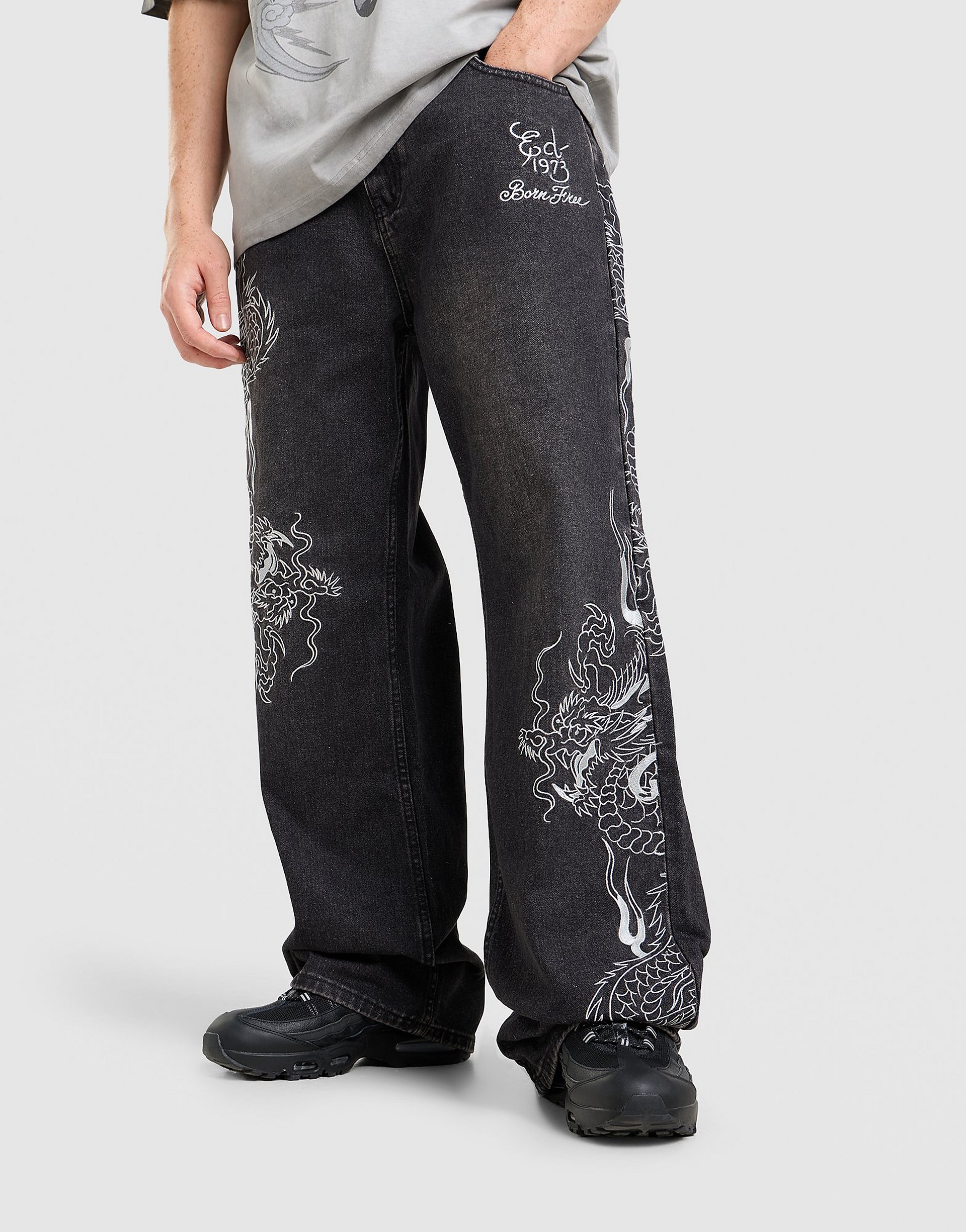 Ed Hardy All Over Print Embroidered Dragon Jeans herr