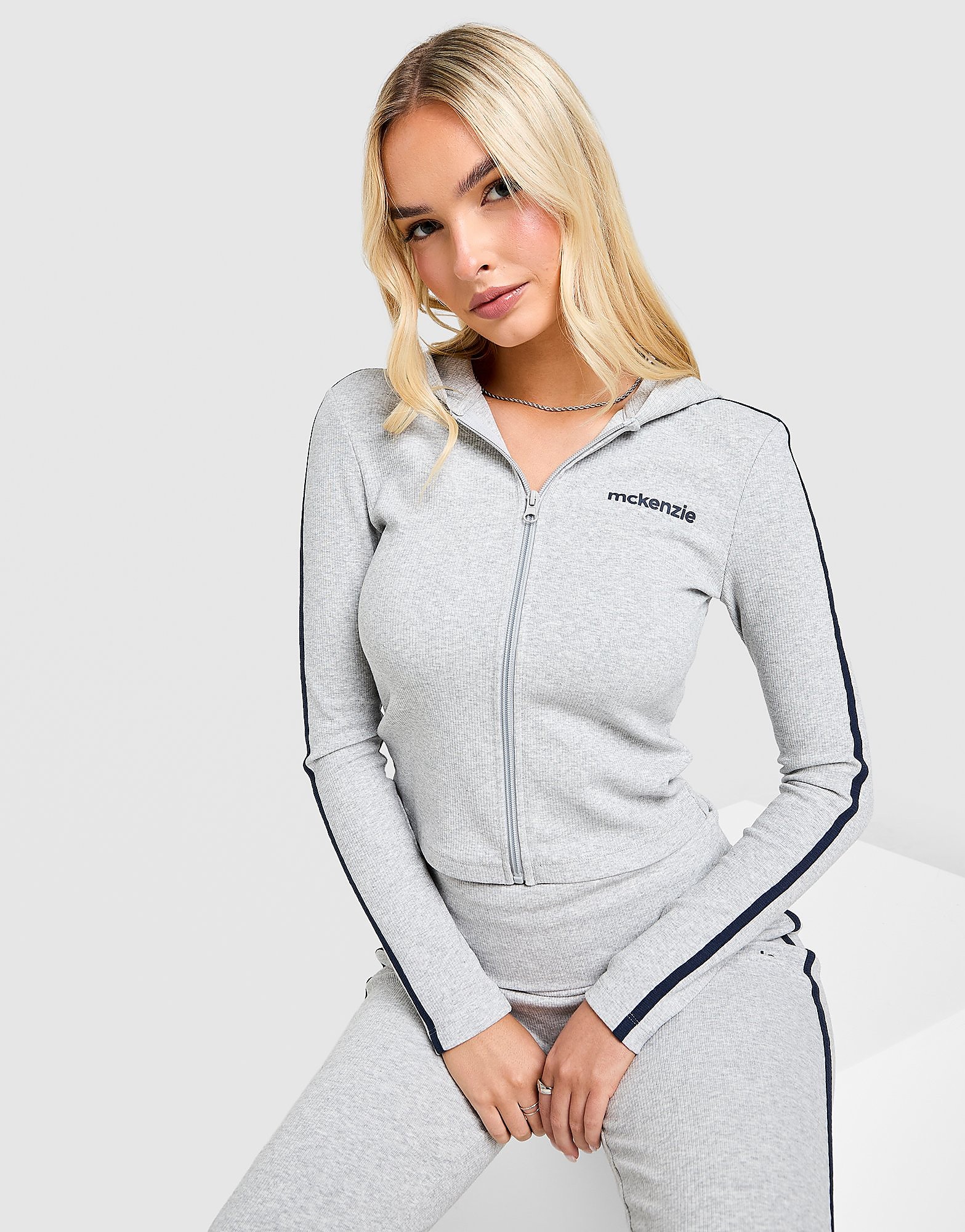 Slim Ribbed Full Zip Hoodie - Damen, Grau - female - Size: XL