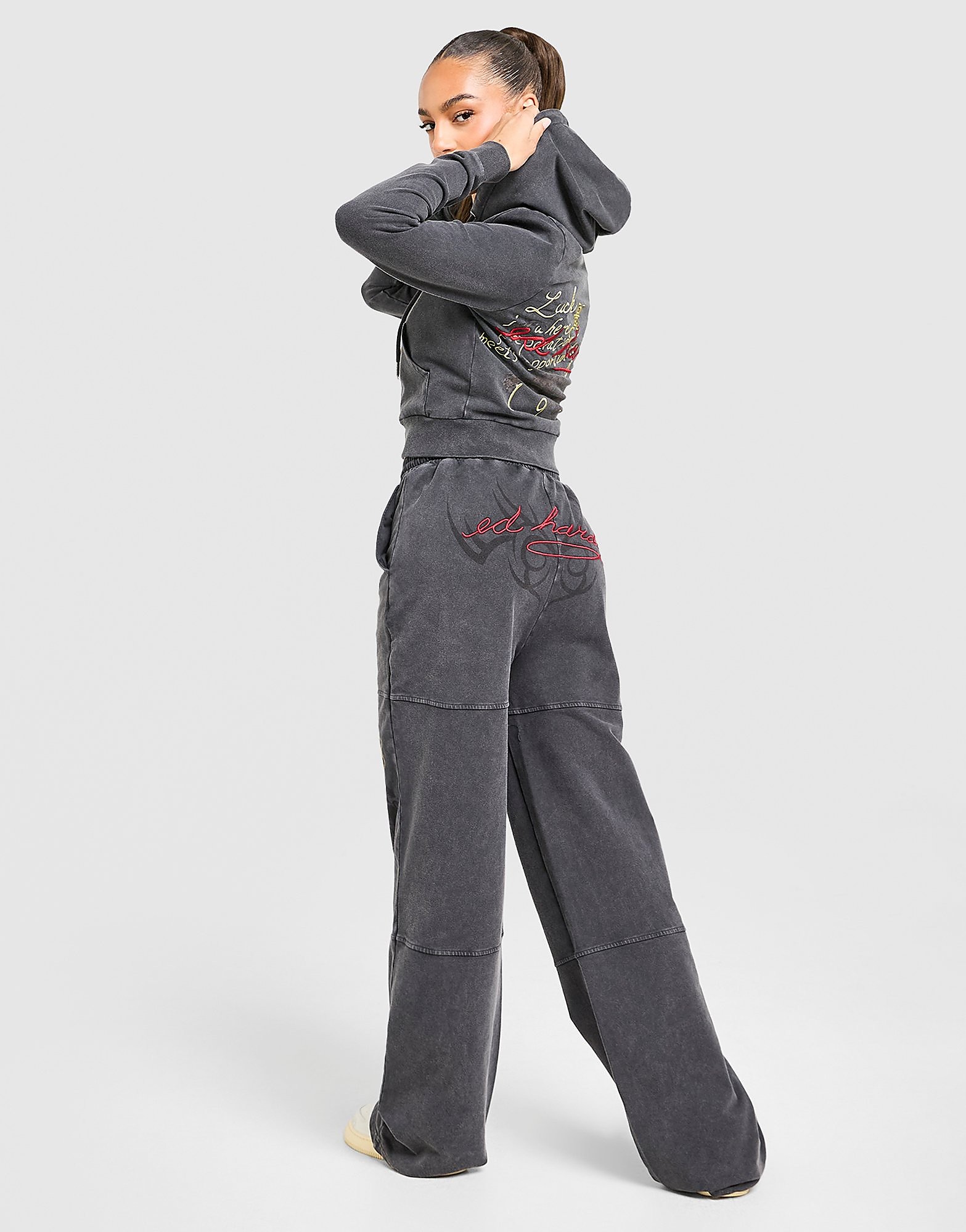 Ed Hardy Pantaloni della tuta Wide Leg Flame Tiger, nero