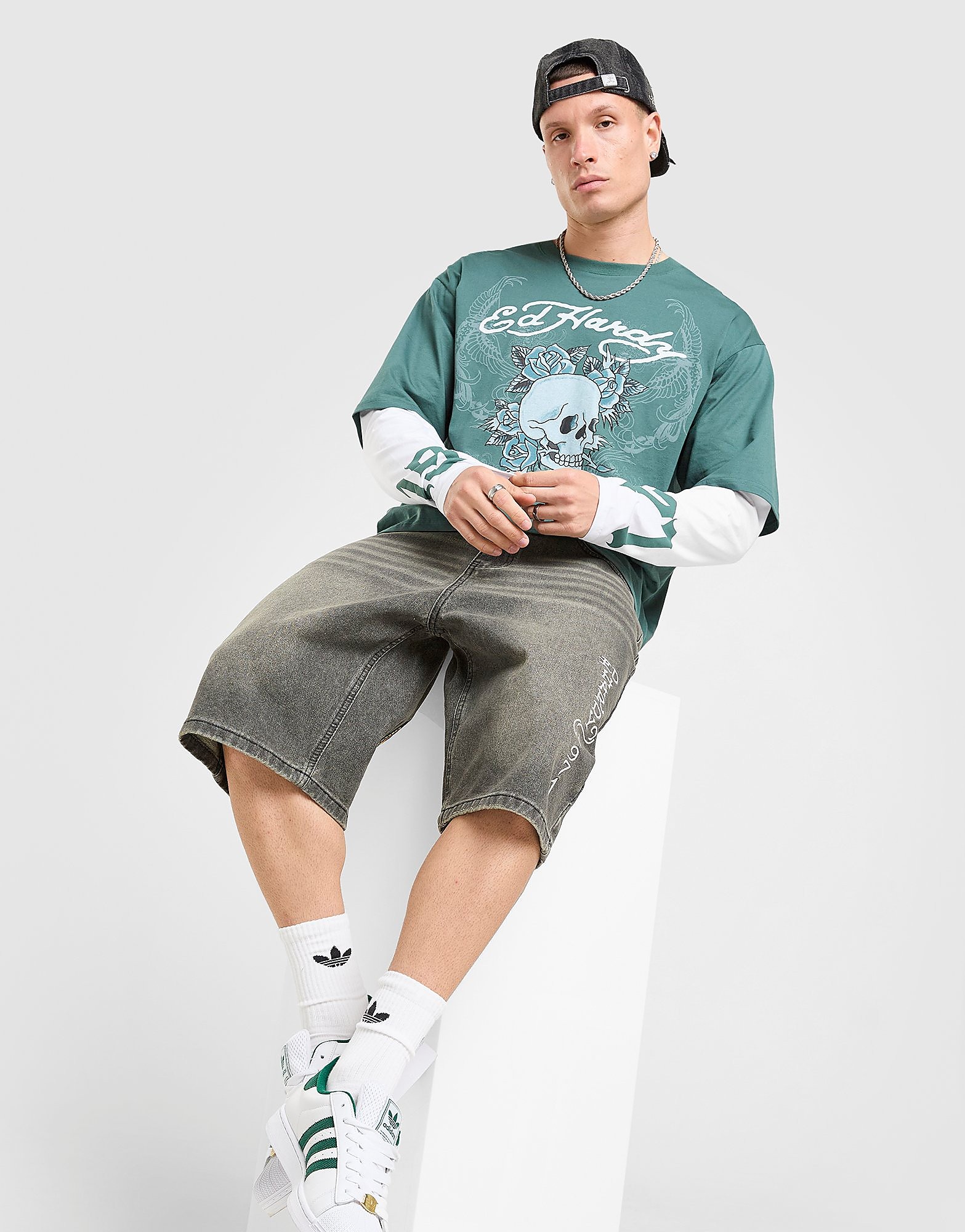 Mens Layered Long Sleeve Skull T-Shirt - Verde, verde verde Uomo taglia XXL