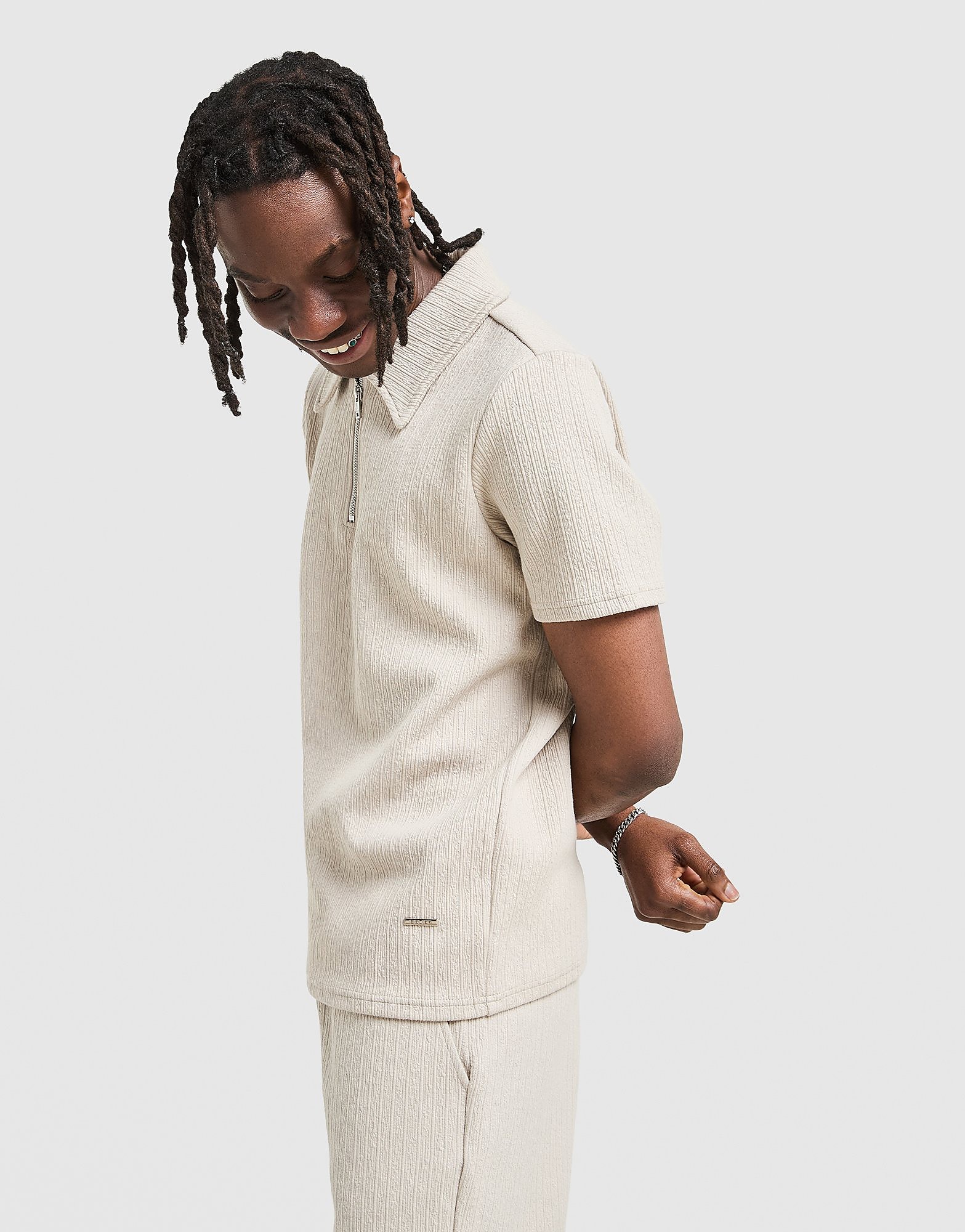 Textured Zip Polo Shirt - Herren, Beige - male - Size: L
