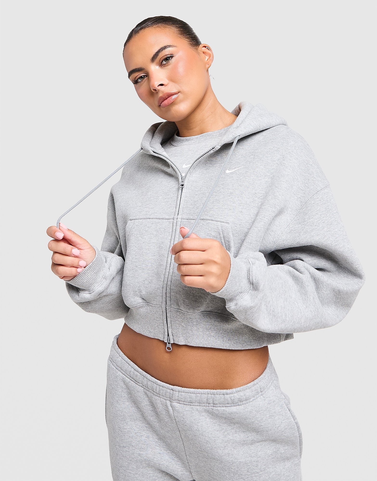 Nike Oversized cropped dameshoodie met rits over de hele lengte Studio Fleece Medium Weight - Grijs- Dames, Grijs