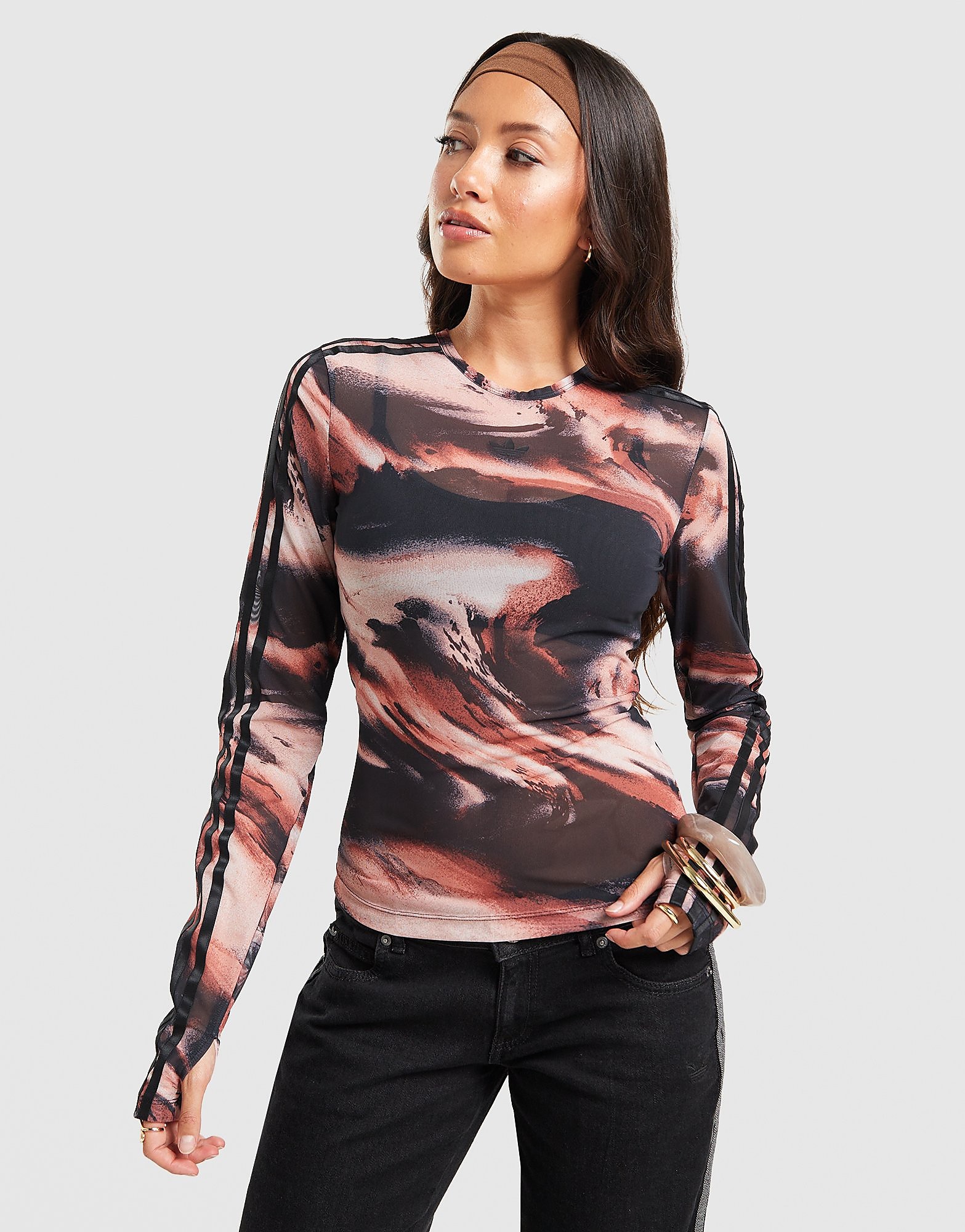 adidas Originals Long Sleeve Mesh Marble All Over Print T-Shirt - Rood- Dames, Rood XL