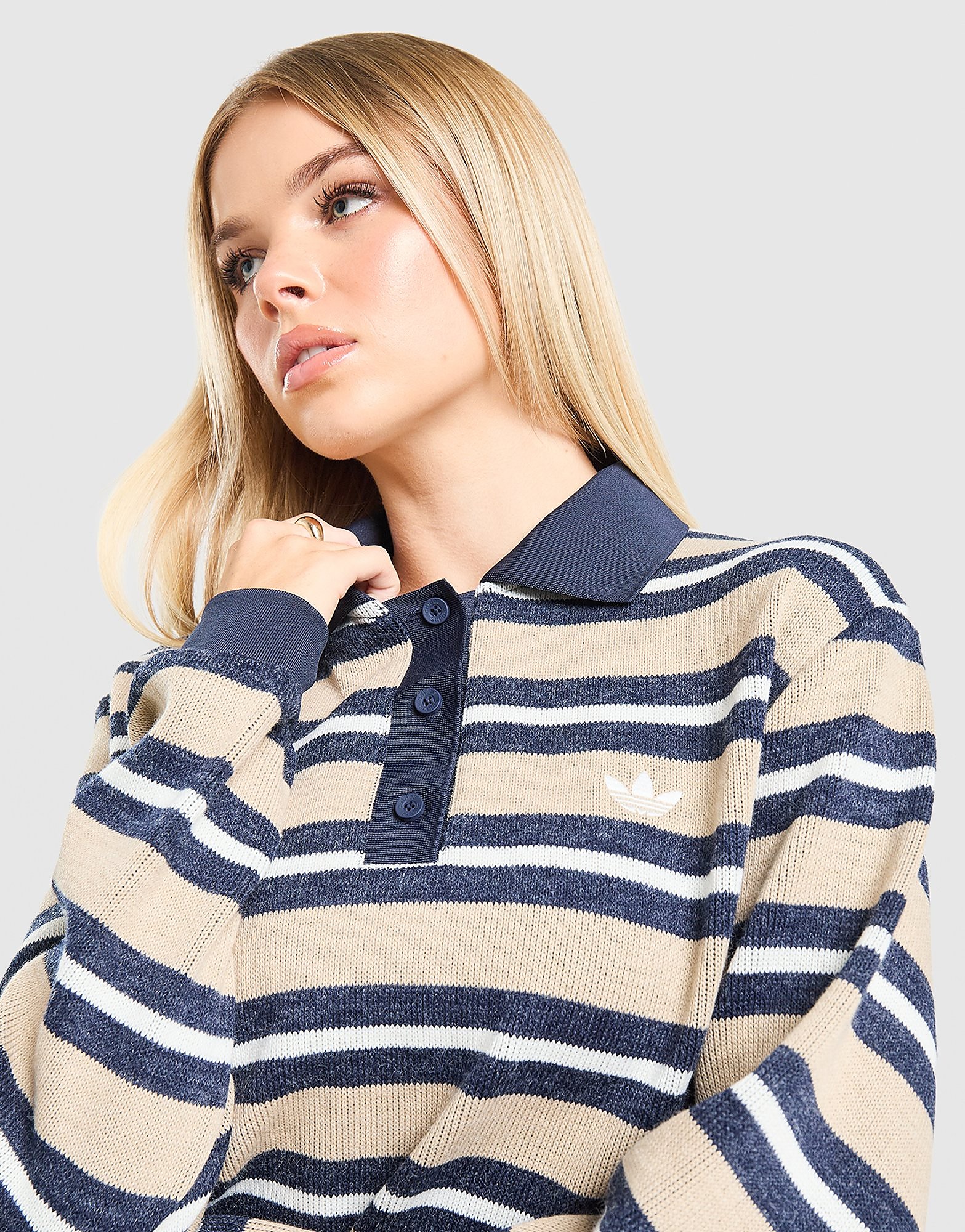 adidas Originals 3-Stripes Knit Polo Shirt - Beige- Dames, Beige