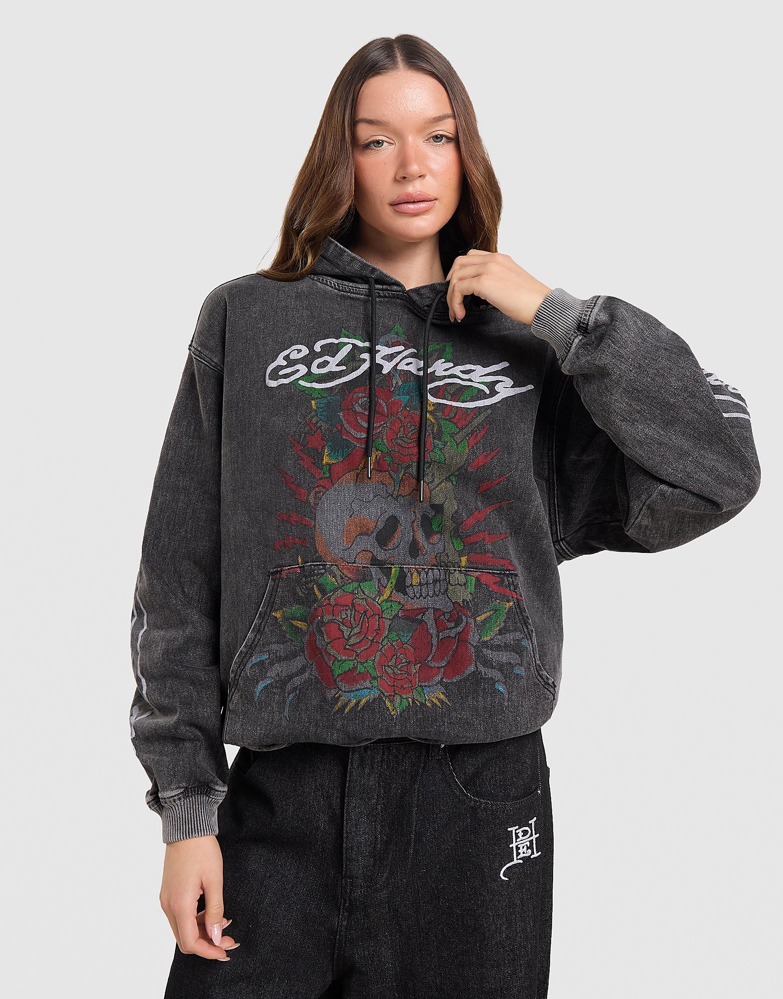Ed Hardy Skull Overhead Denim Hoodie - Zwart- Dames, Zwart