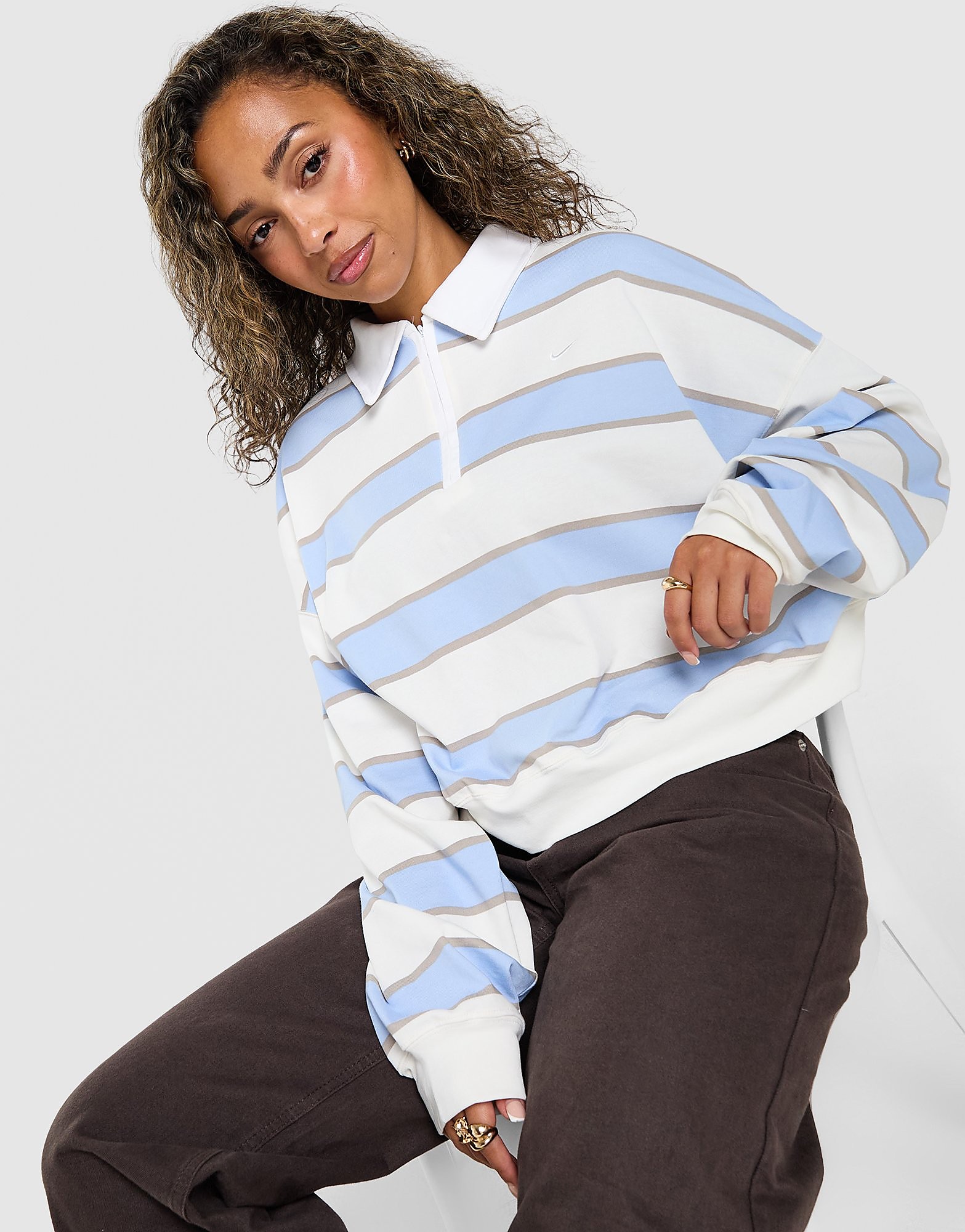 Nike Cropped Stripe Rugby Polo Shirt - Blauw- Dames, Blauw