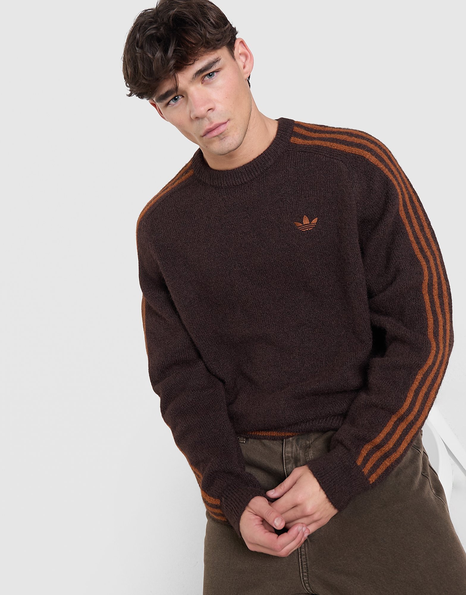 Adidas Originals 3-Stripes Knit Crew Sweatshirt Bruin- Heren Bruin