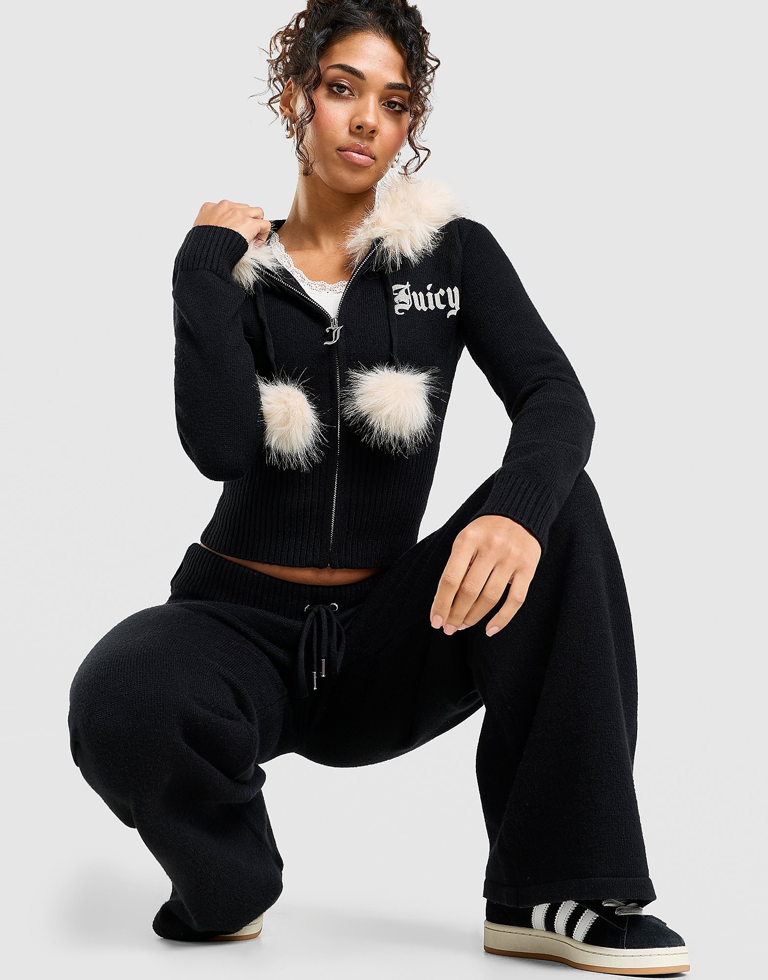 Juicy Couture Diamante Knitted Full Zip Hoodie Zwart- Dames Zwart