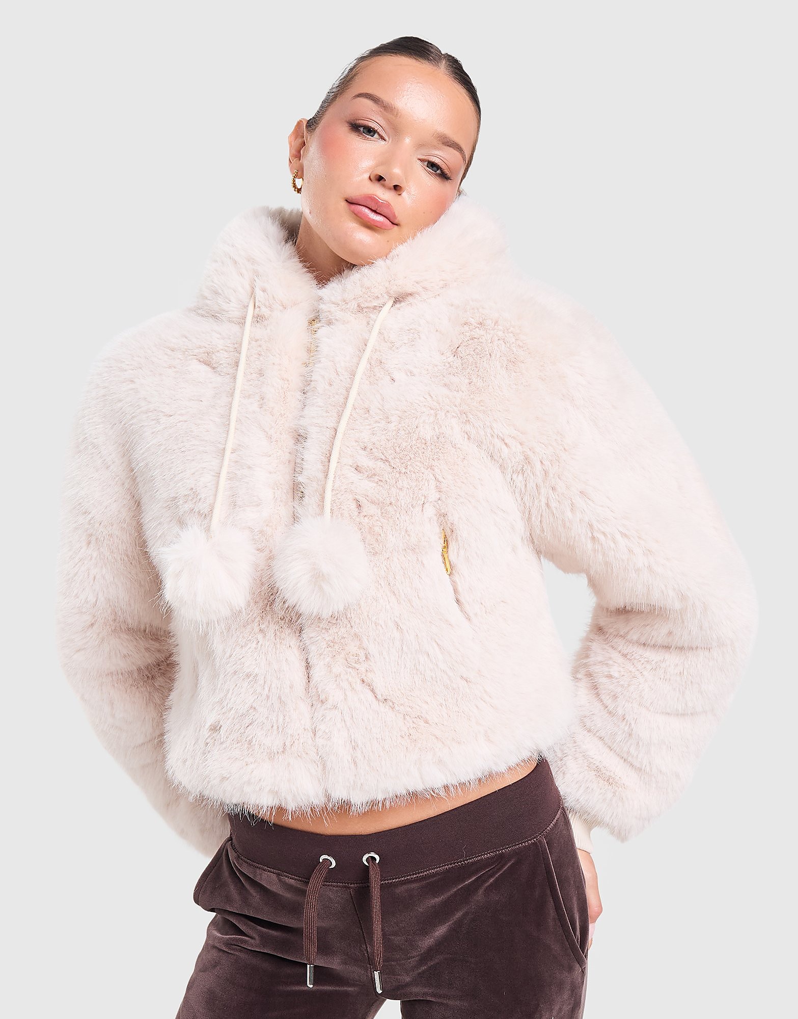 JUICY COUTURE Hooded Fur Jacket - Beige- Dames, Beige