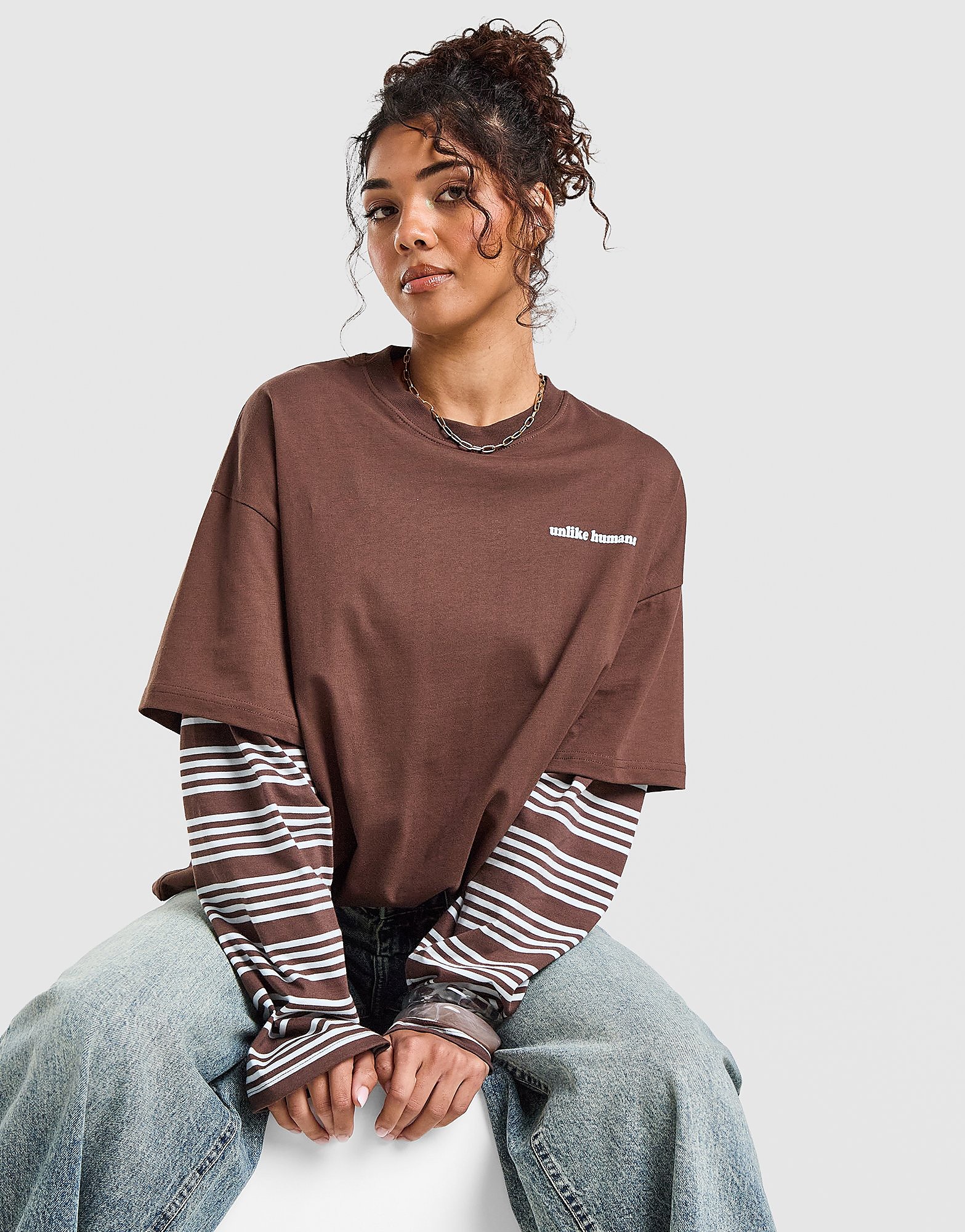 Unlike Humans Gena Mock Long Sleeve T-Shirt - Bruin- Dames, Bruin XS