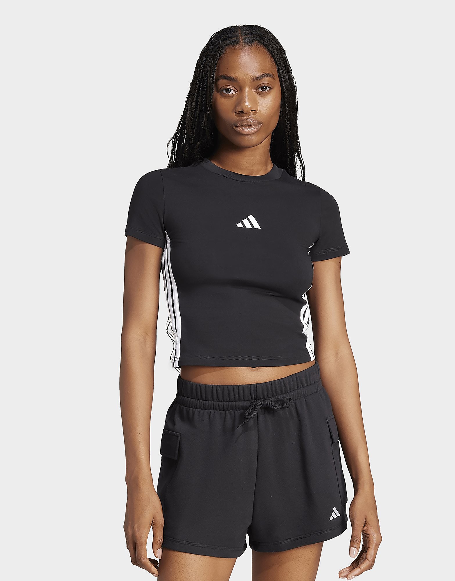 Adidas Donna Nero Womens T-Shirt Essentials 3-Stripes Slim Baby Taglia L, JD Sports