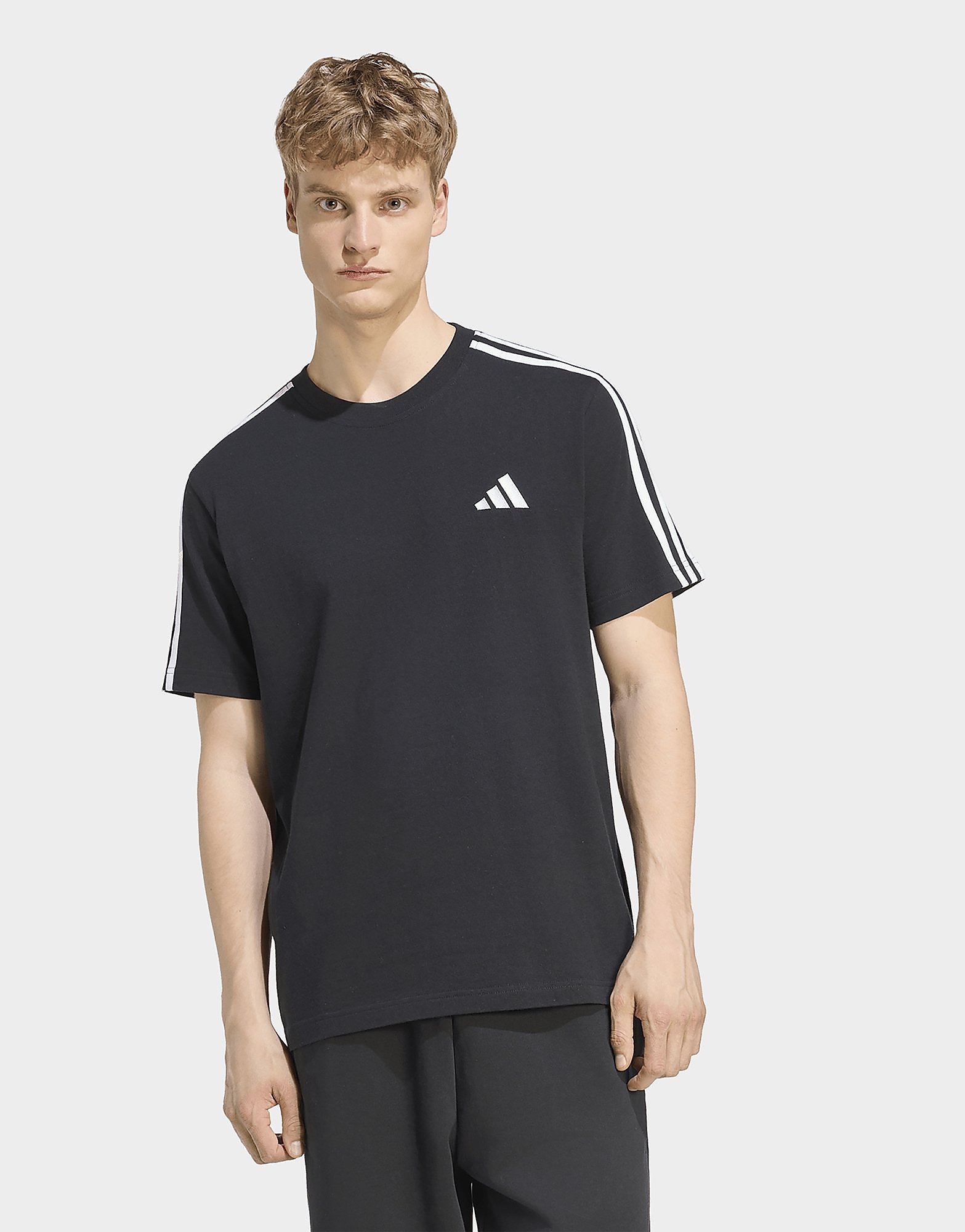 Adidas Performance Uomo Nero - Essentials - 3-Stripes Single Jersey - T-Shirt /Bianco Con Logo Sul Petto A Sinistra - Immagine 3