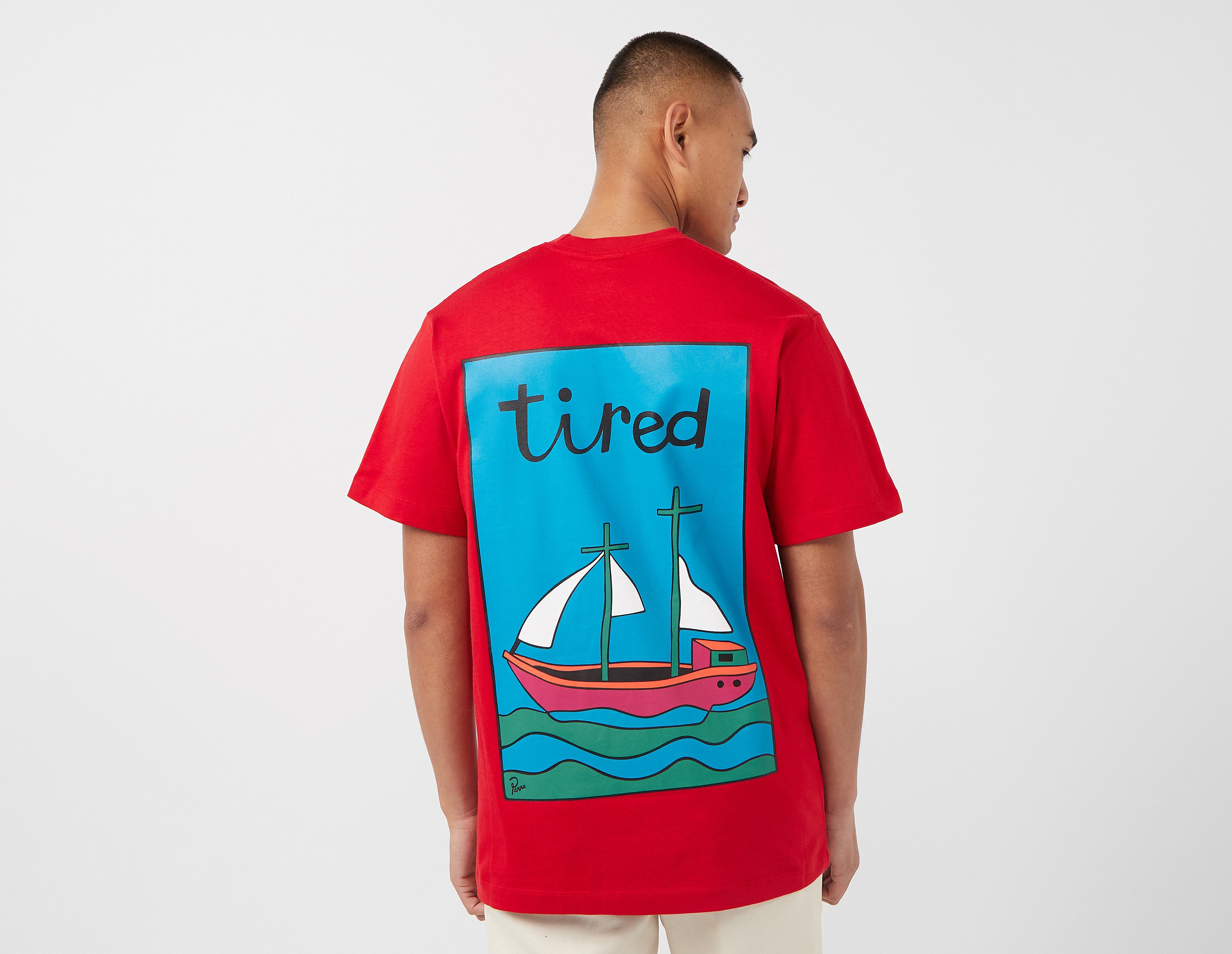 tired skateboards the ship has sailed t-shirt, red