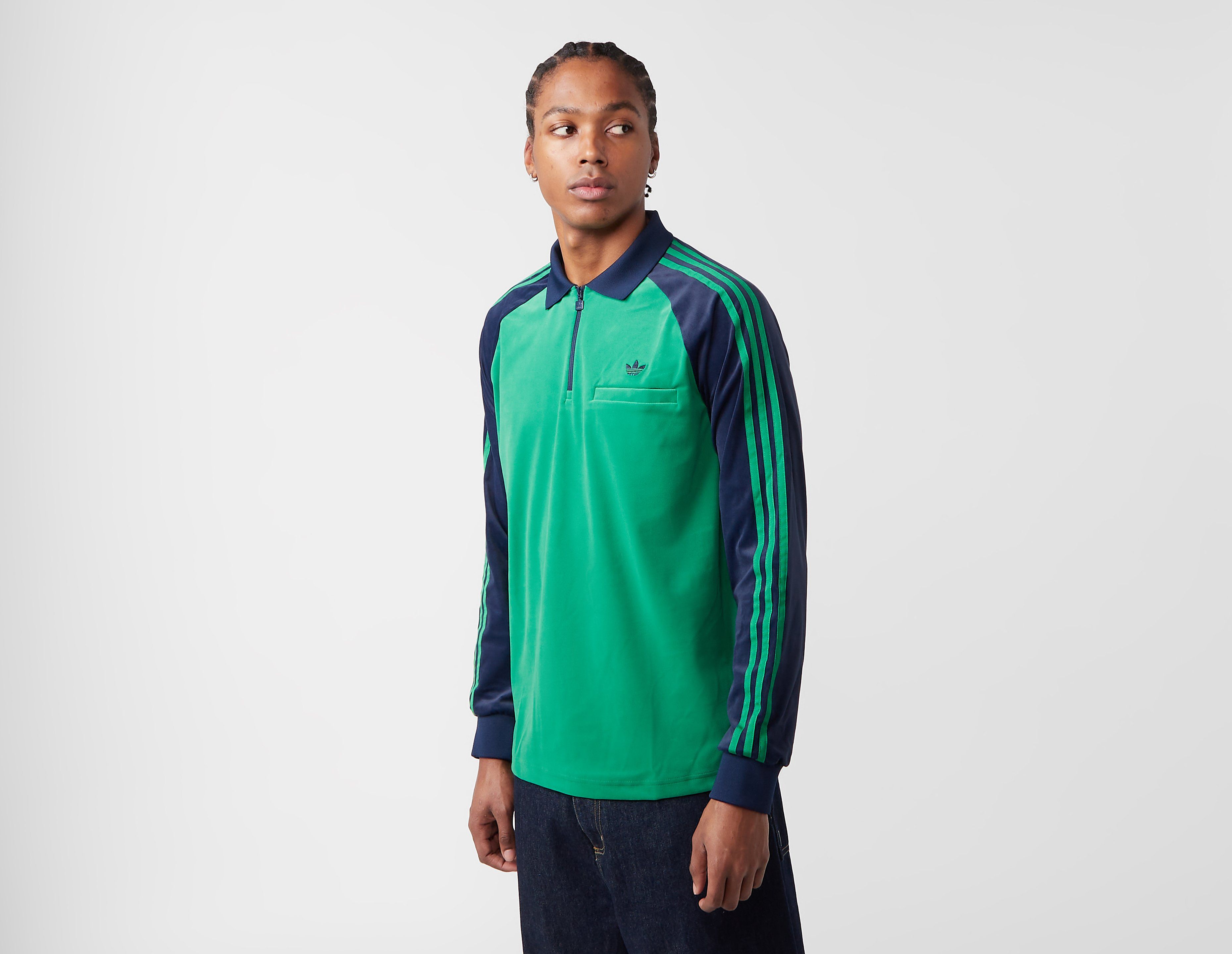 adidas Originals 70s Velour Long Sleeve Polo Shirt, Green