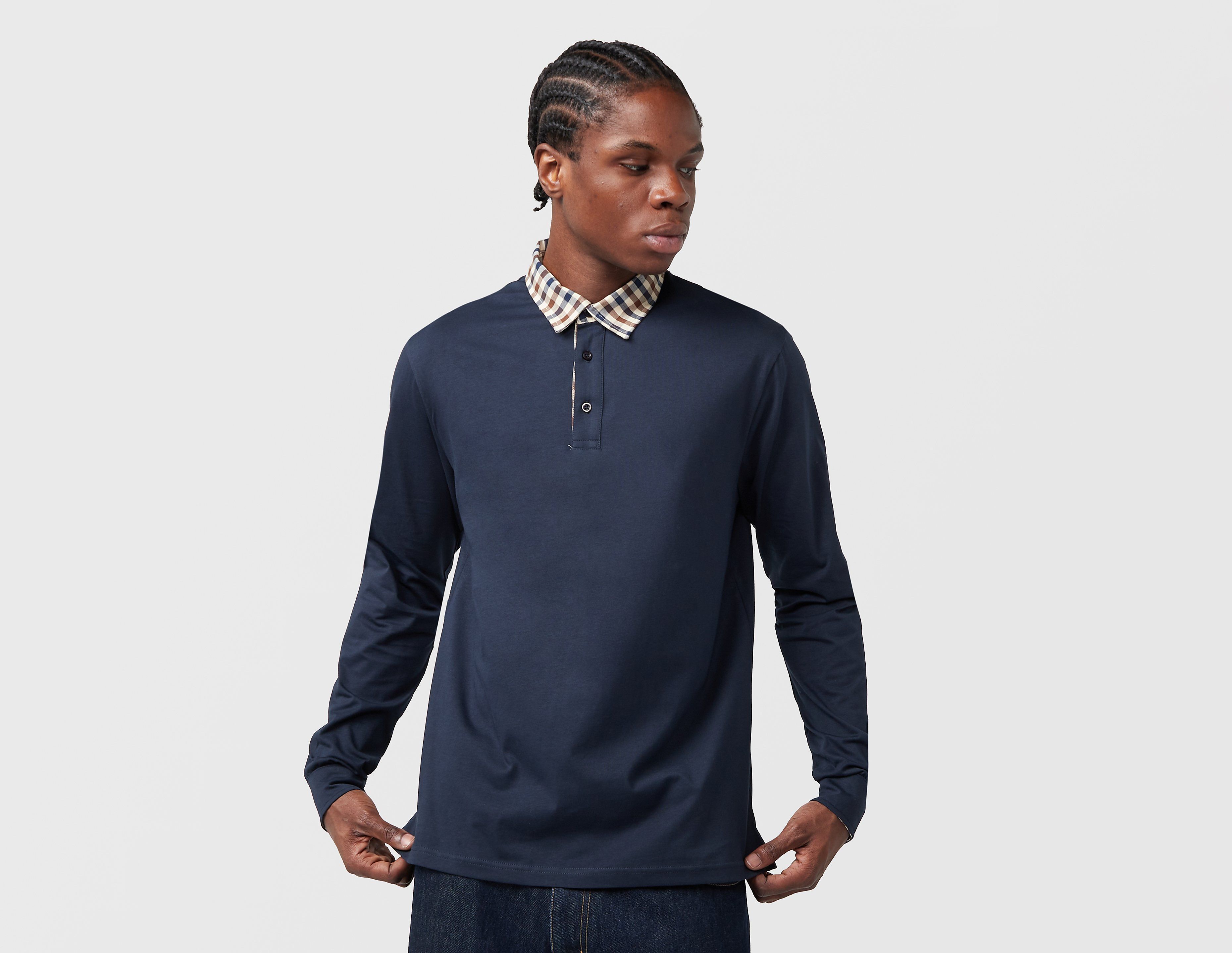 Aquascutum Check Collar Polo Shirt, Navy