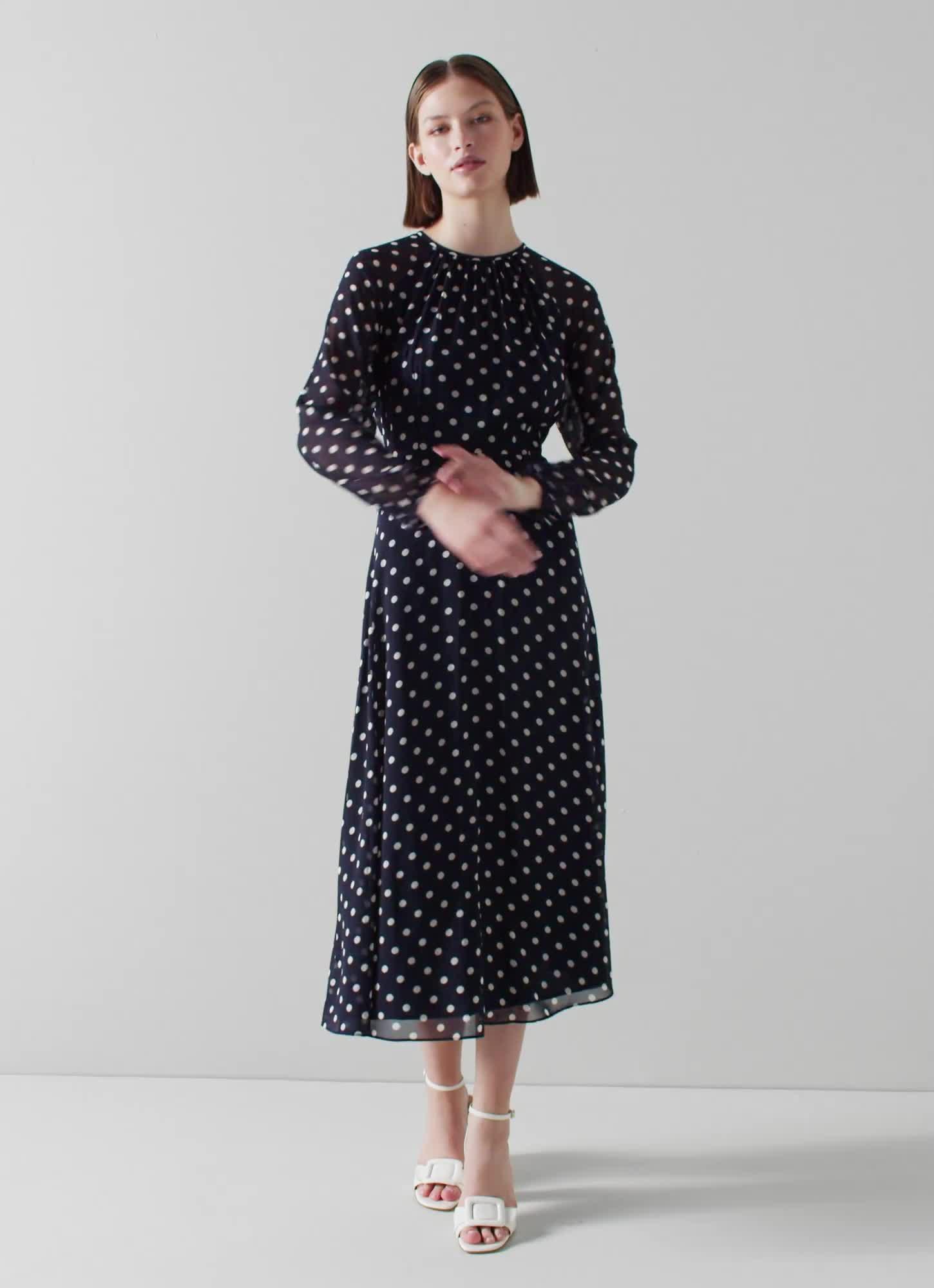 Addison Navy and Cream Spot Recycled Polyester Dress Sale Collections L.K.Bennett London