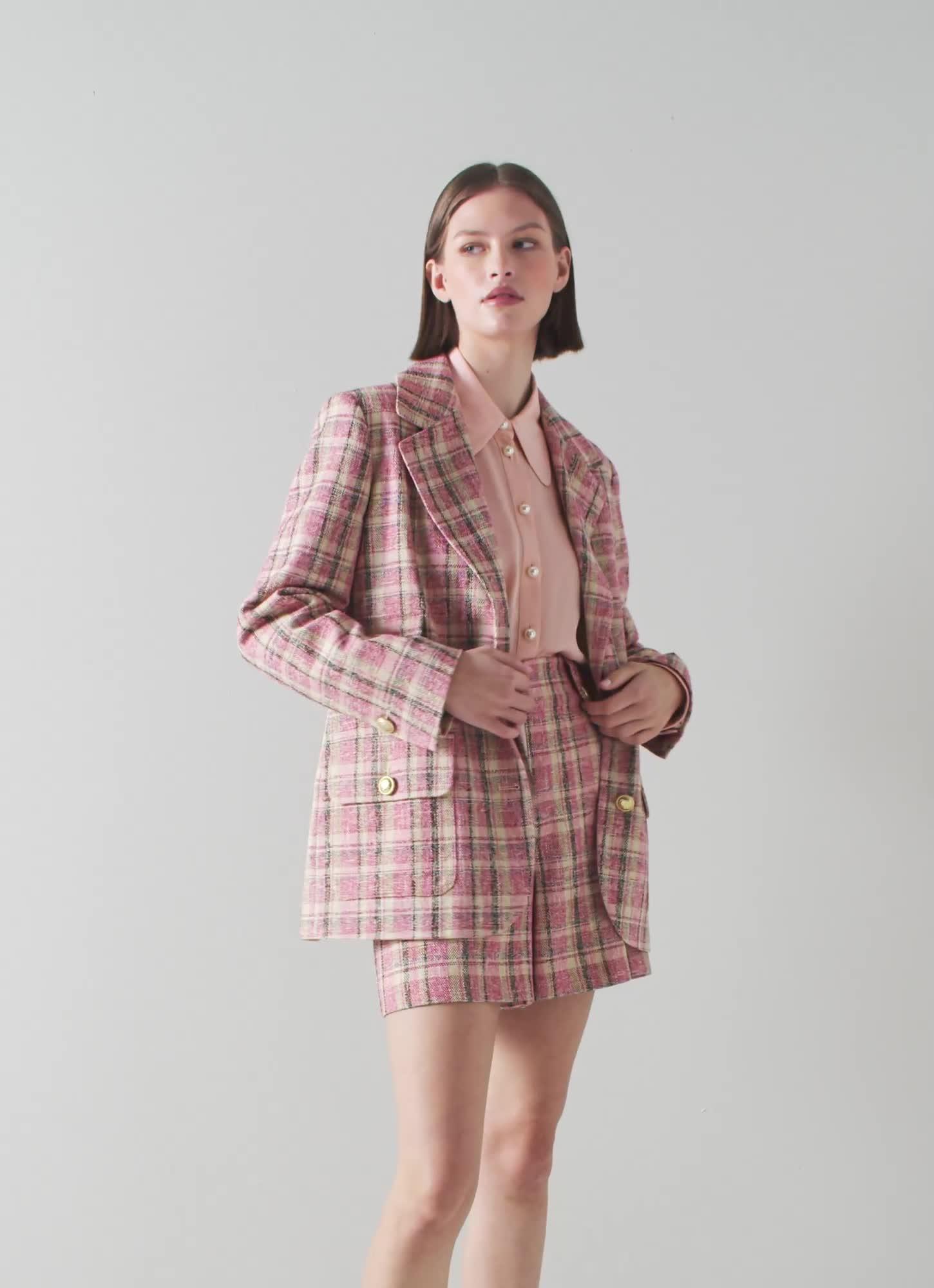 Eliza Pink Cotton-Raffia Blend Check Tweed Jacket | Sale