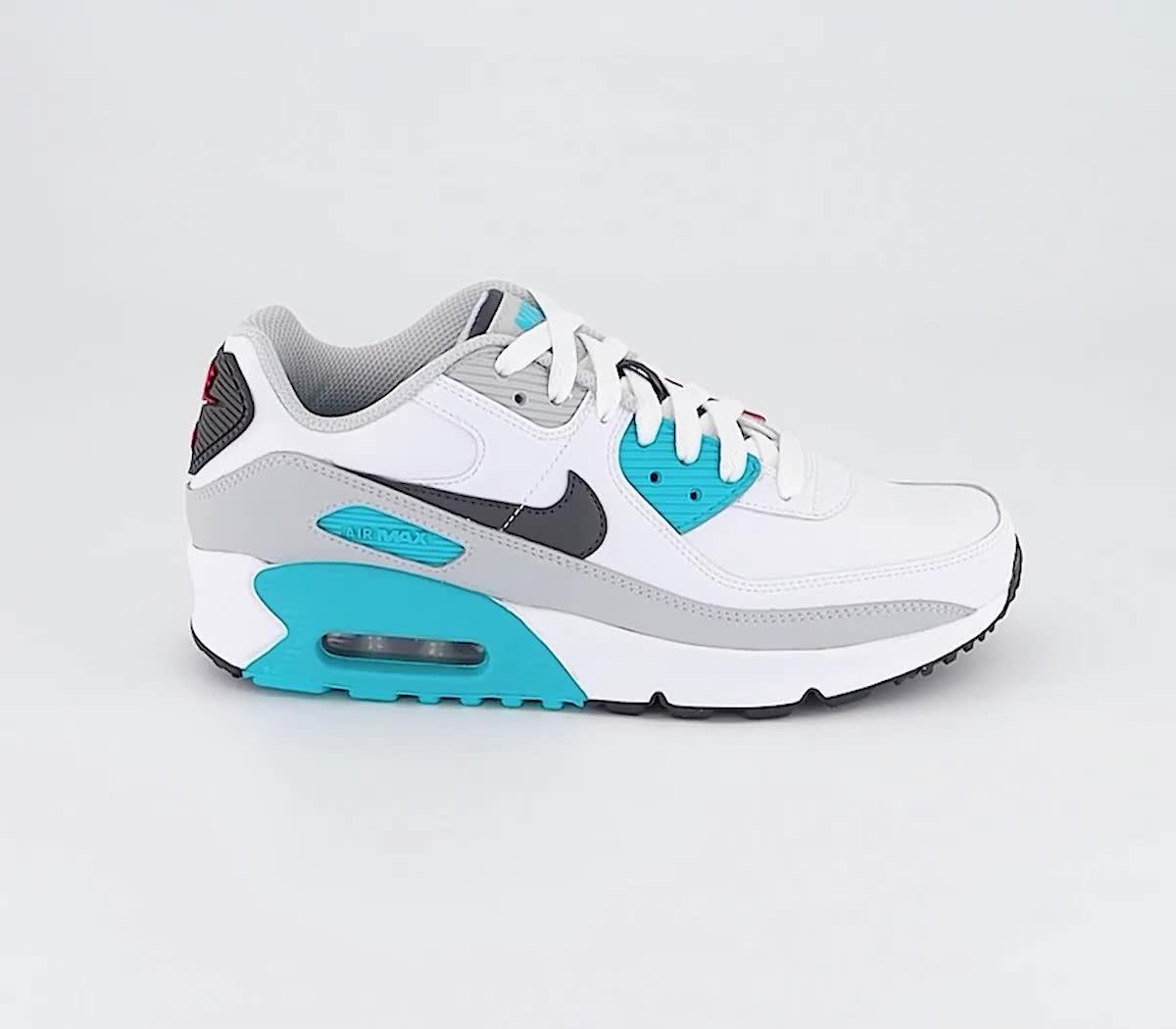 Nike Air Max 90 Junior Trainers White Iron Grey Chlorine Blue Fusion Red Women s Trainers