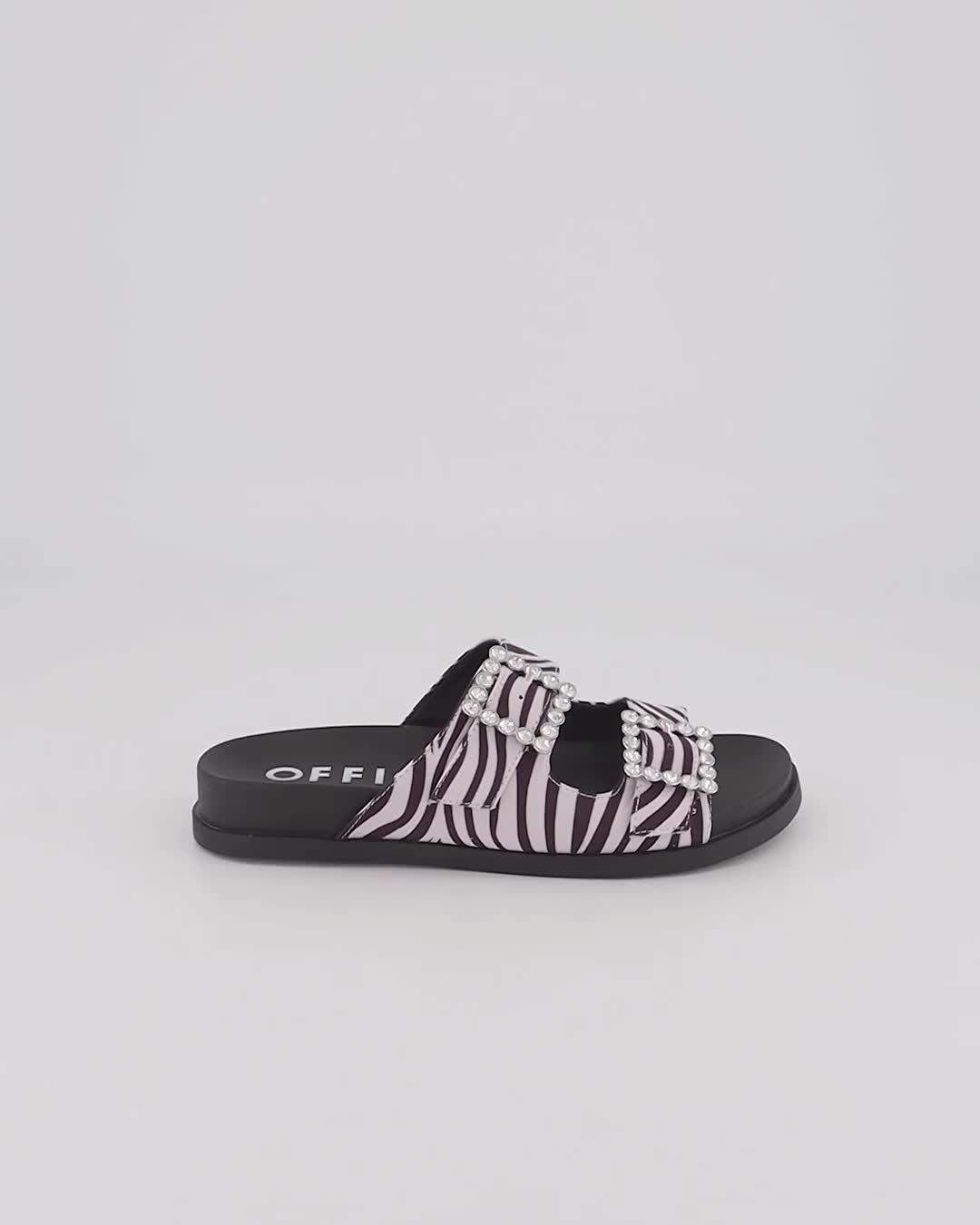 OFFICE Slide Away Double Buckle Diamante Flat Sandals Zebra