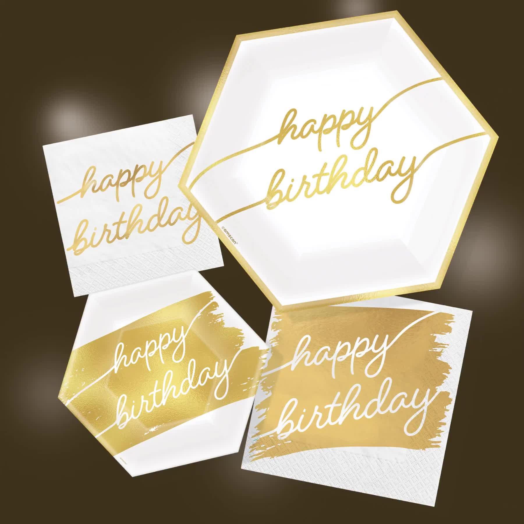 Metallic Golden Age Happy Birthday Hexagonal Paper Dessert Plate, 7in, 8ct