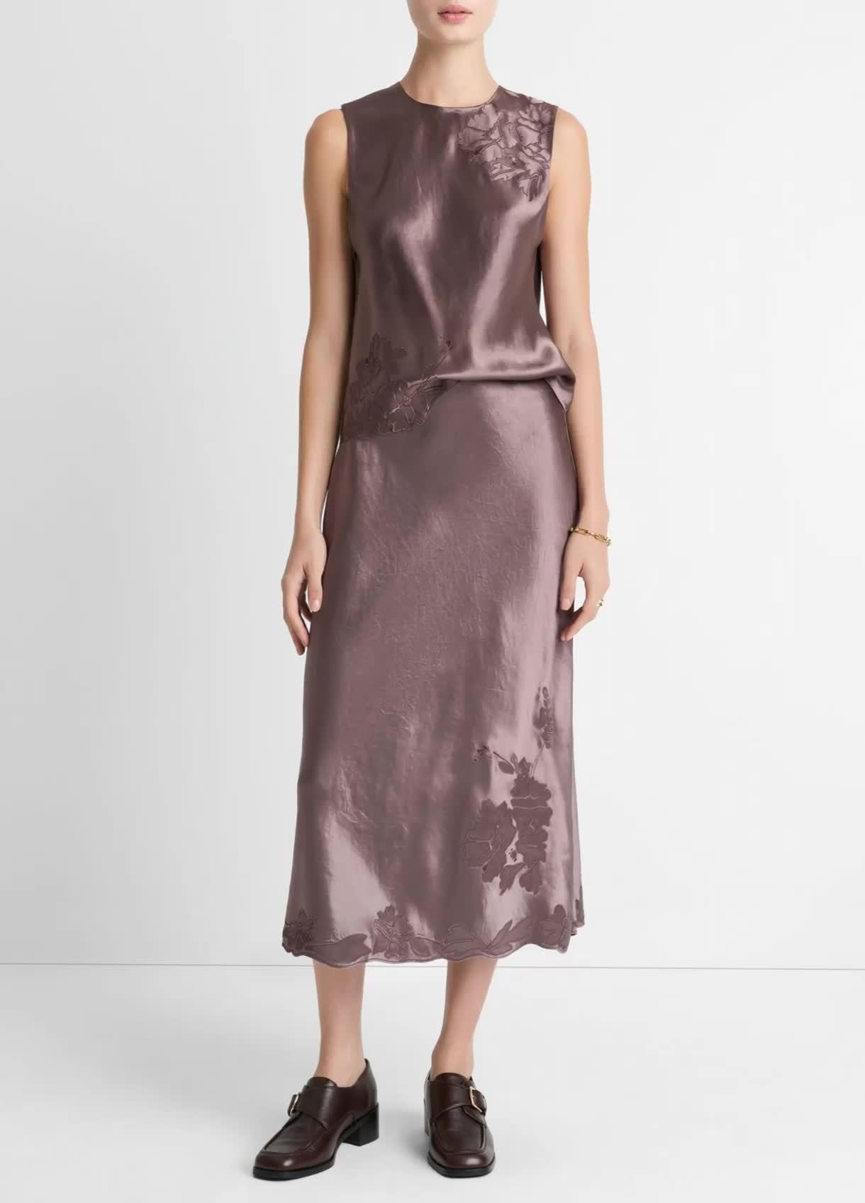 Floral-Embroidered Satin Slip Skirt image number 0