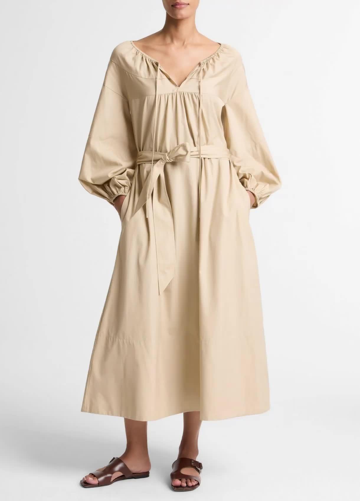 Shirred Cotton Belted Tie-Neck Dress image number 0