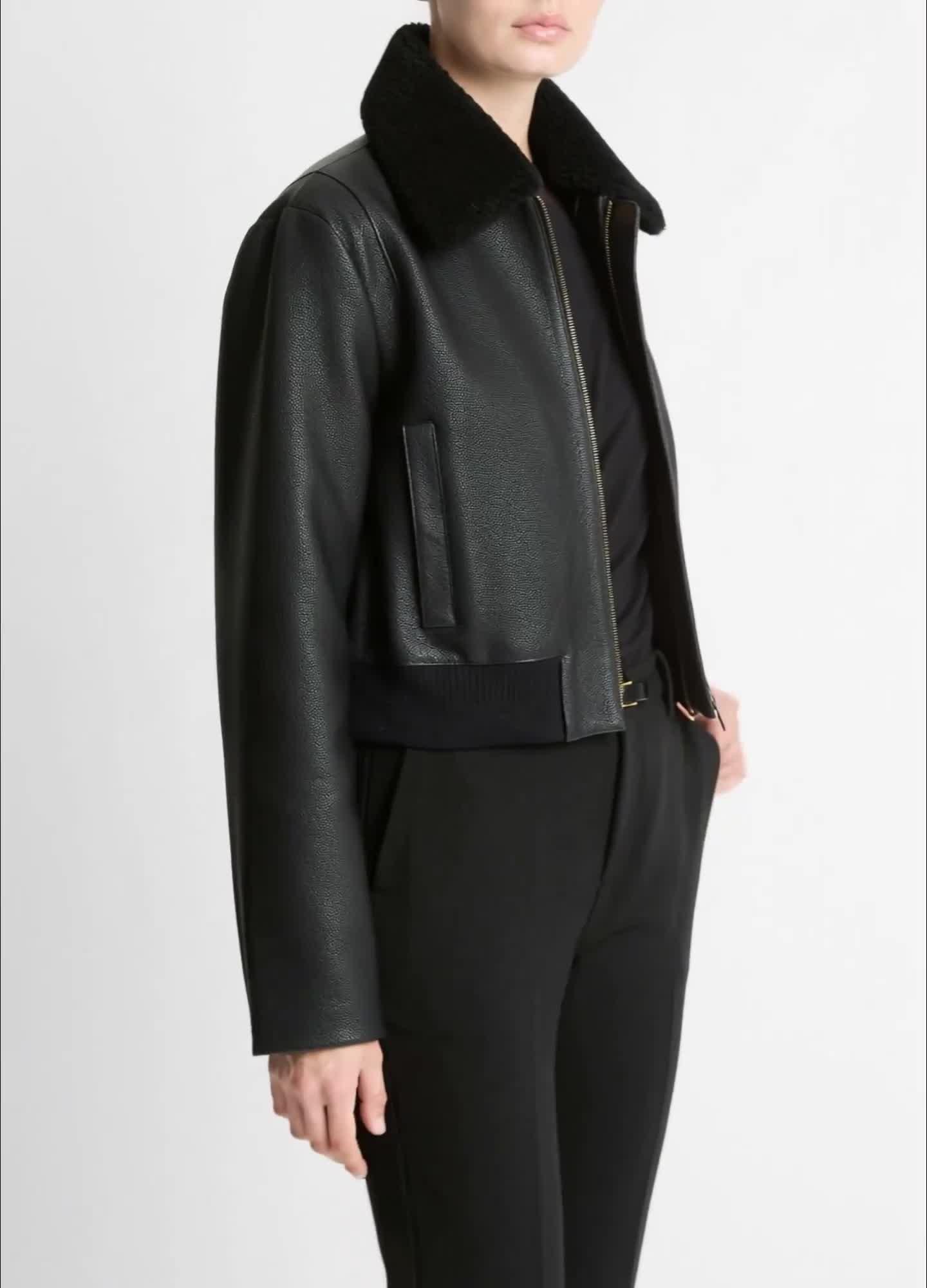 Shearling-Trim Shrunken Leather Jacket image number 0